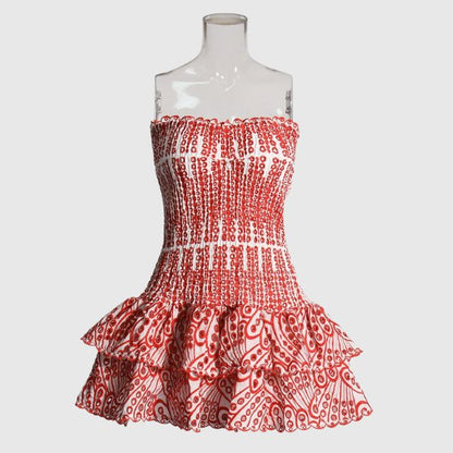 Minikjole med rynkete bandeau og blått paisleymønster