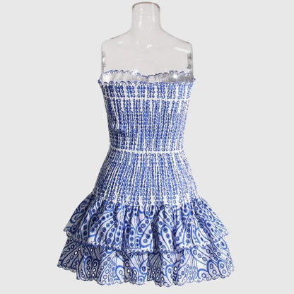 Minikjole med rynkete bandeau og blått paisleymønster