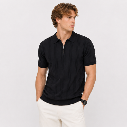 Strikket Polo med Glidelås til Herre – Vintage Jacquard Sommertopp
