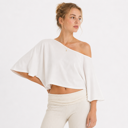 Crop Topp i 100 % Bomull til Dame – Løs Passform med Bred Utringning – 3 Beige