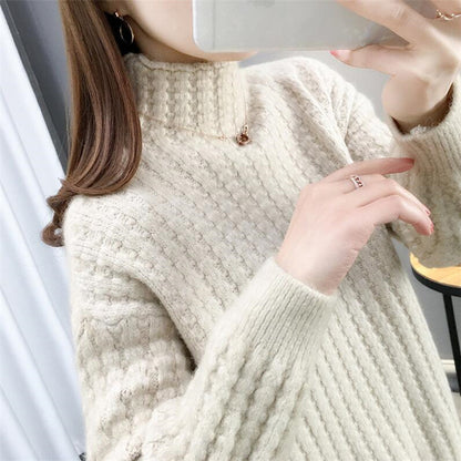 Høyhalset genser dame beige kabelstrikk