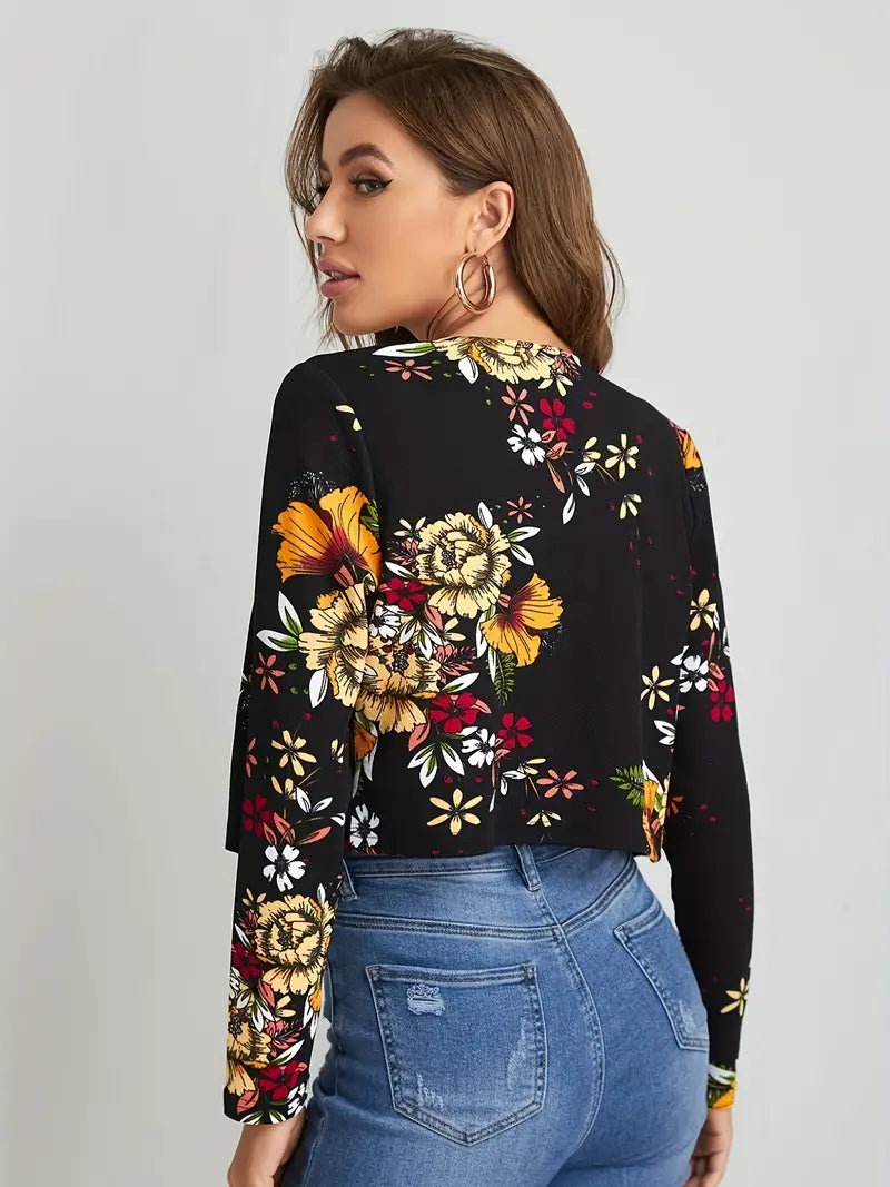 Elegant, enkel blazer med åpen front og blomster