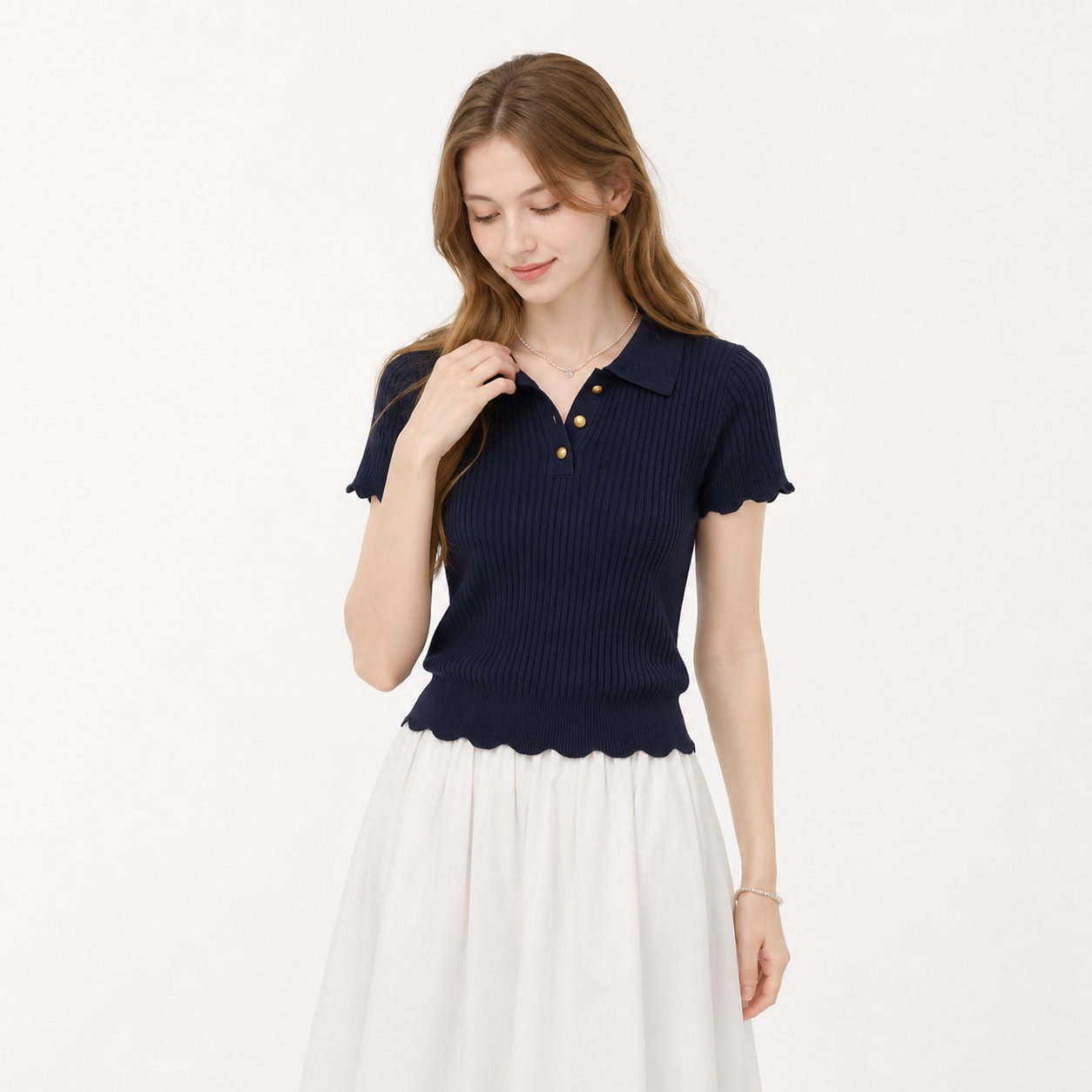 Marineblå Strikket Polo Topp til Dame – Elegant Slim Fit Sommerstil – Marineblå T-skjorte