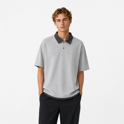 Retro Polo T-skjorte til Herre – Heavyweight Rutete Fake Two-Piece Design