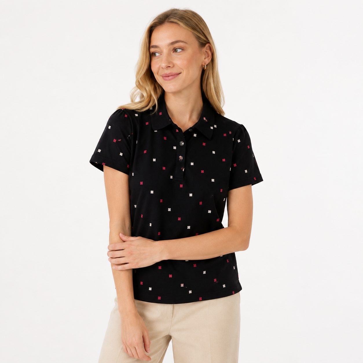 Kortermet Bomullsskjorte til Dame – Slim Fit Sommertopp med Print – Hvit