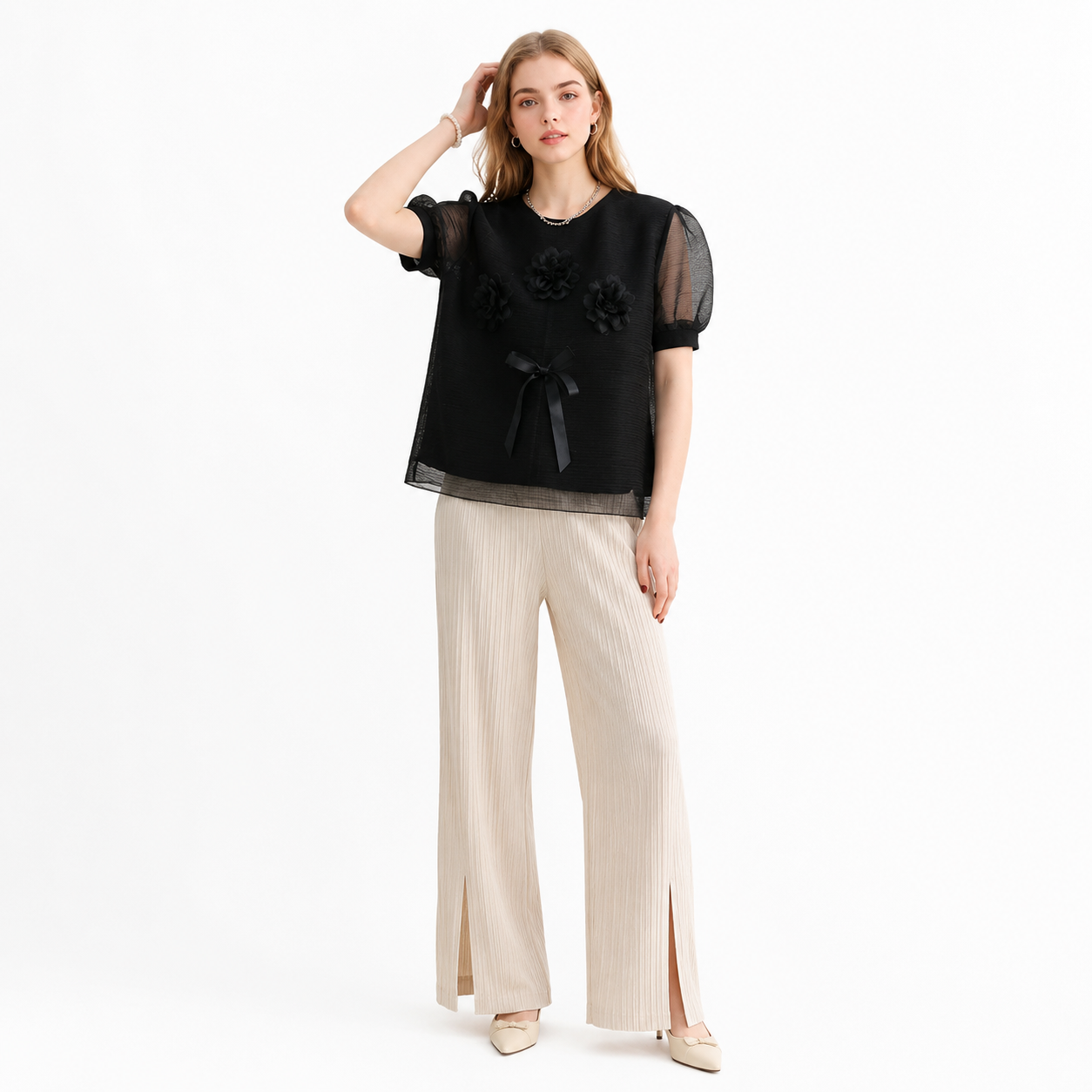 Plissert Topp til Dame med Organza Pufferm – Elegant 3D-Blomster Sommertopp – Aprikos-90