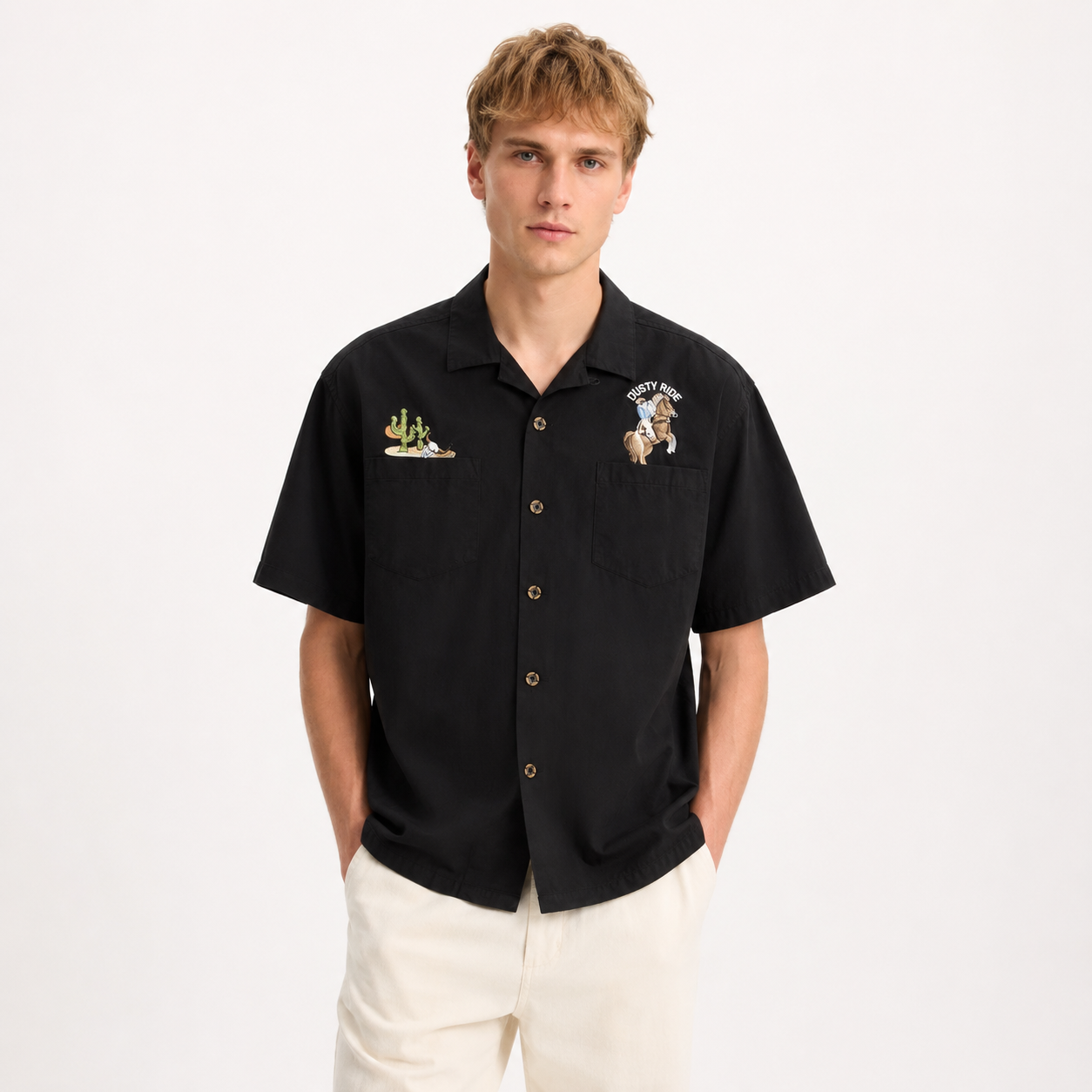 Retro Cuban Collar Skjorte til Herre – Brodert Hawaiian Sommertopp – Svart