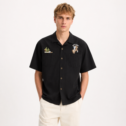 Retro Cuban Collar Skjorte til Herre – Brodert Hawaiian Sommertopp – Svart