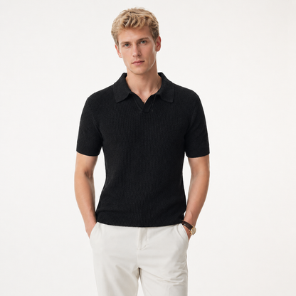 Strikket Polo T-skjorte til Herre – Hollow Design &amp; Slim Fit – Svart