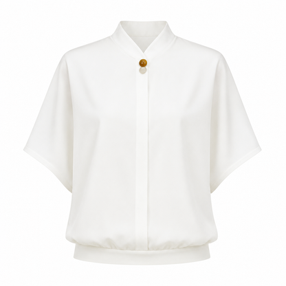 Elegant Chiffonbluse til Dame – Løs Sommertopp med Ståkrage
