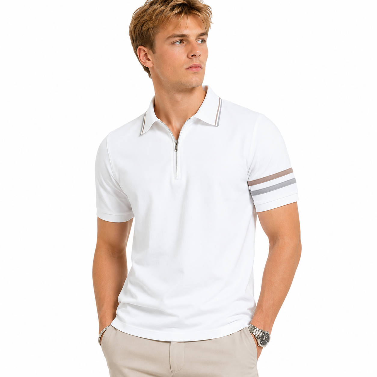 Kortermet Polo for Herre med Halv Glidelås – Lett og Pustende Sommermodell – PL7022-Hvit
