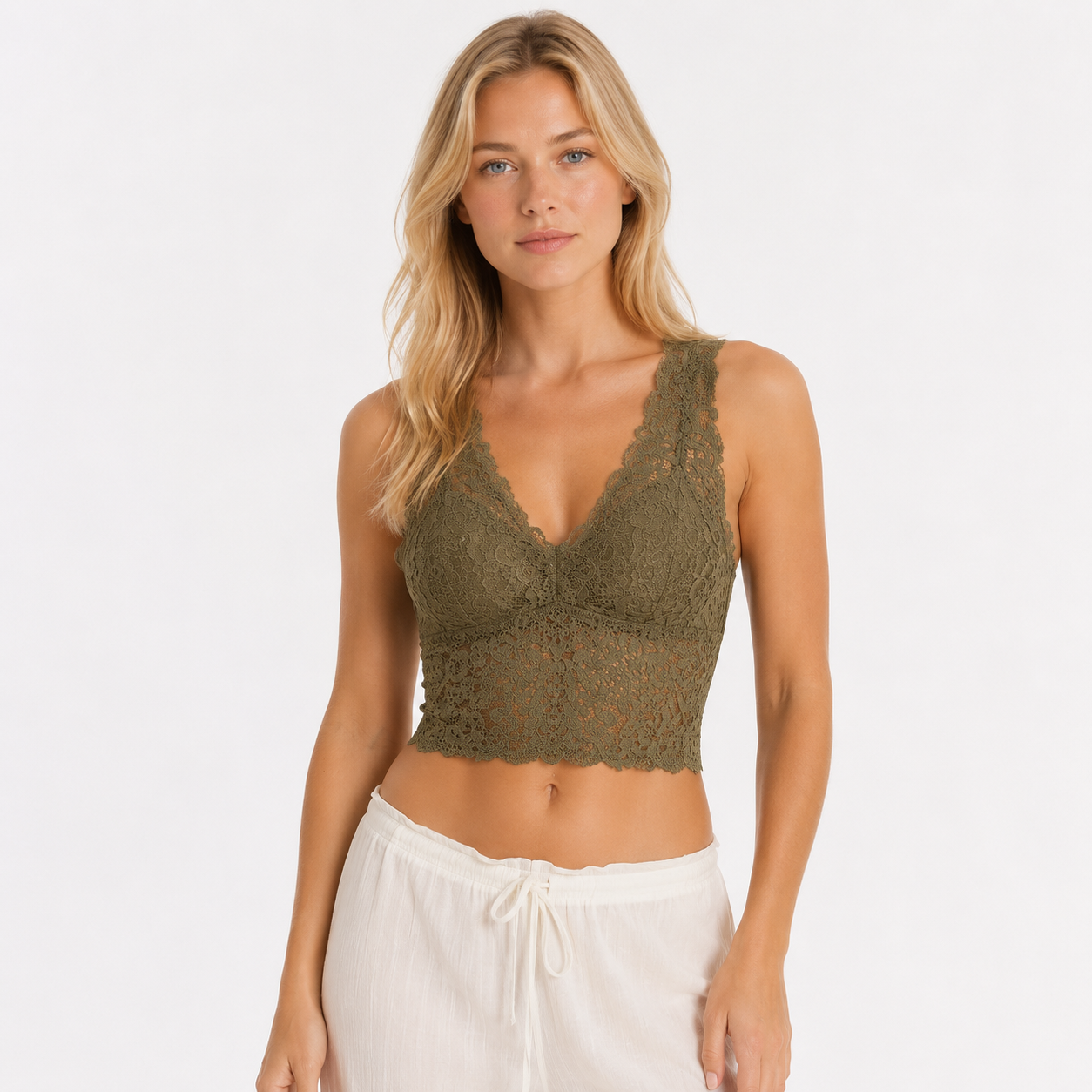 Blonde Camitopp til Dame – V-Hals Crop Top med Innebygde Brystinnlegg – Grønn