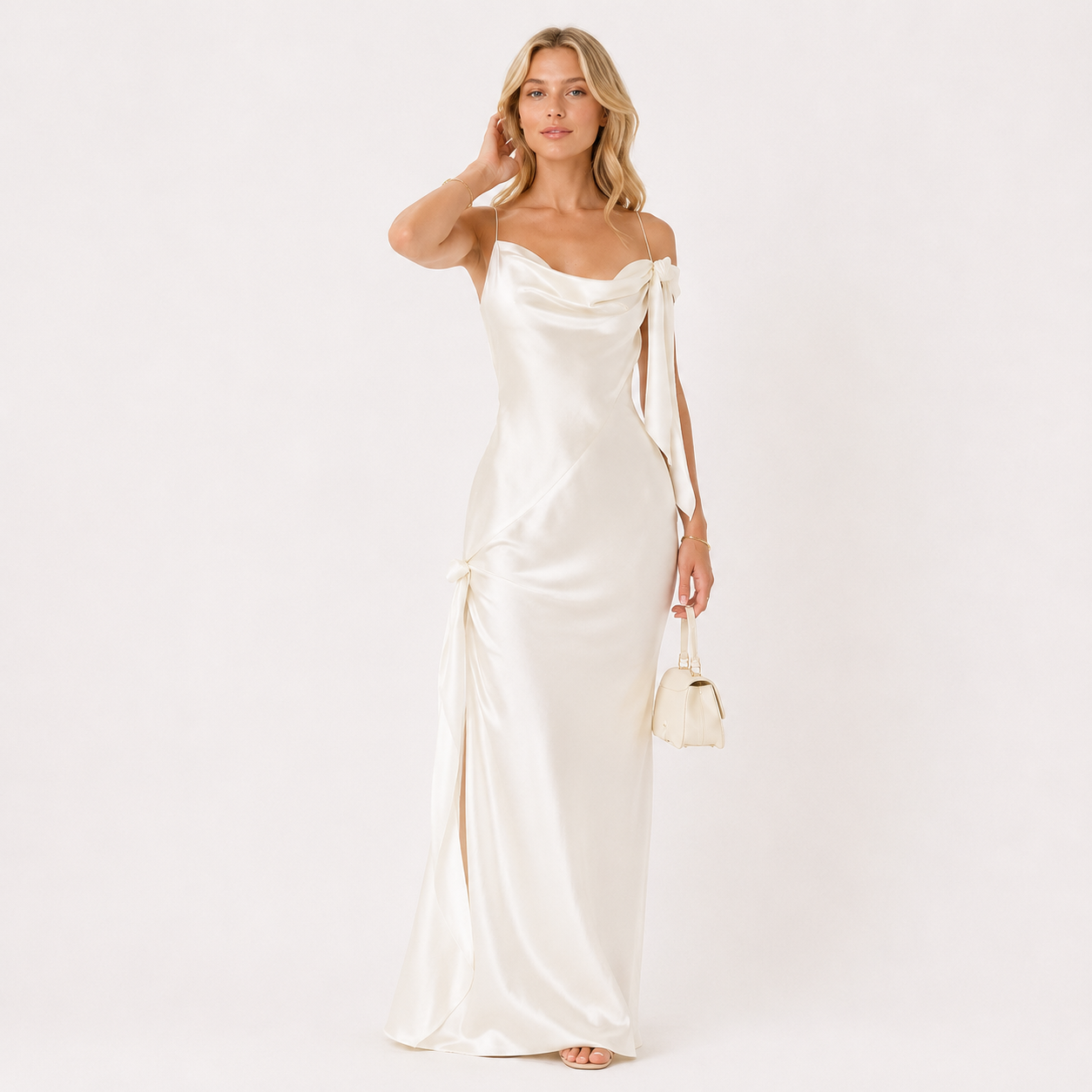 Hvit Maxikjole til Dame – Ryggløs Kjole med 3D-Blomster og Elegant Drapering – Hvit