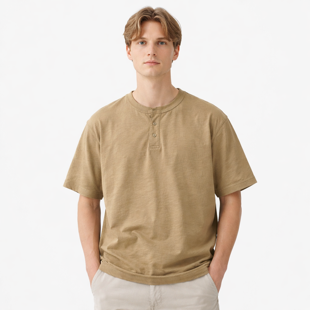 Tykk Henley T-skjorte til Herre – 100% Bomull, Oversized Passform (320g)