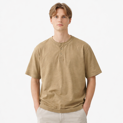 Tykk Henley T-skjorte til Herre – 100% Bomull, Oversized Passform (320g)