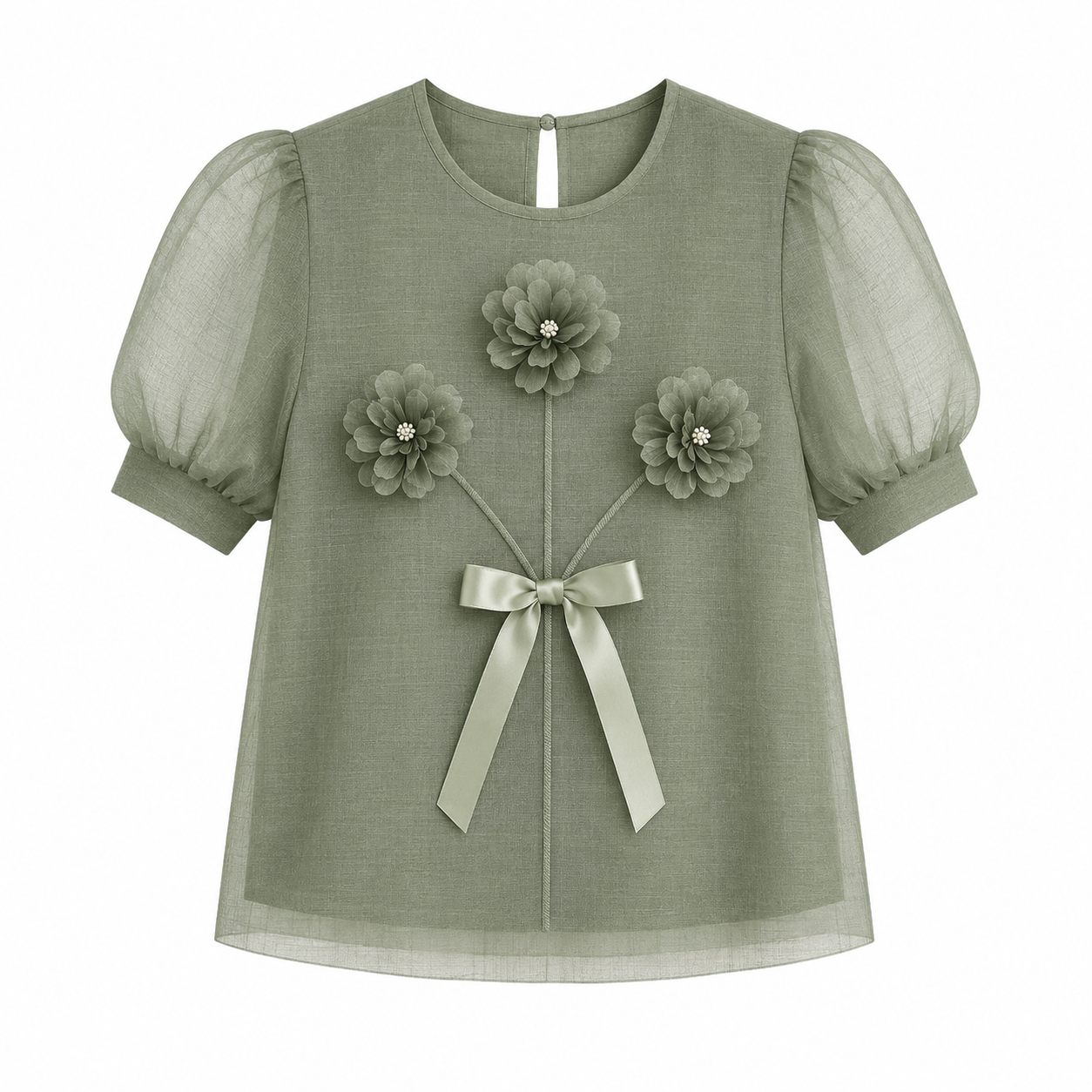 Plissert Topp til Dame med Organza Pufferm – Elegant 3D-Blomster Sommertopp