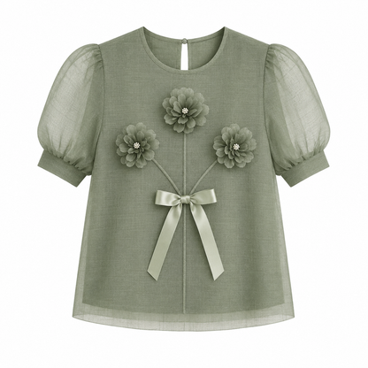 Plissert Topp til Dame med Organza Pufferm – Elegant 3D-Blomster Sommertopp