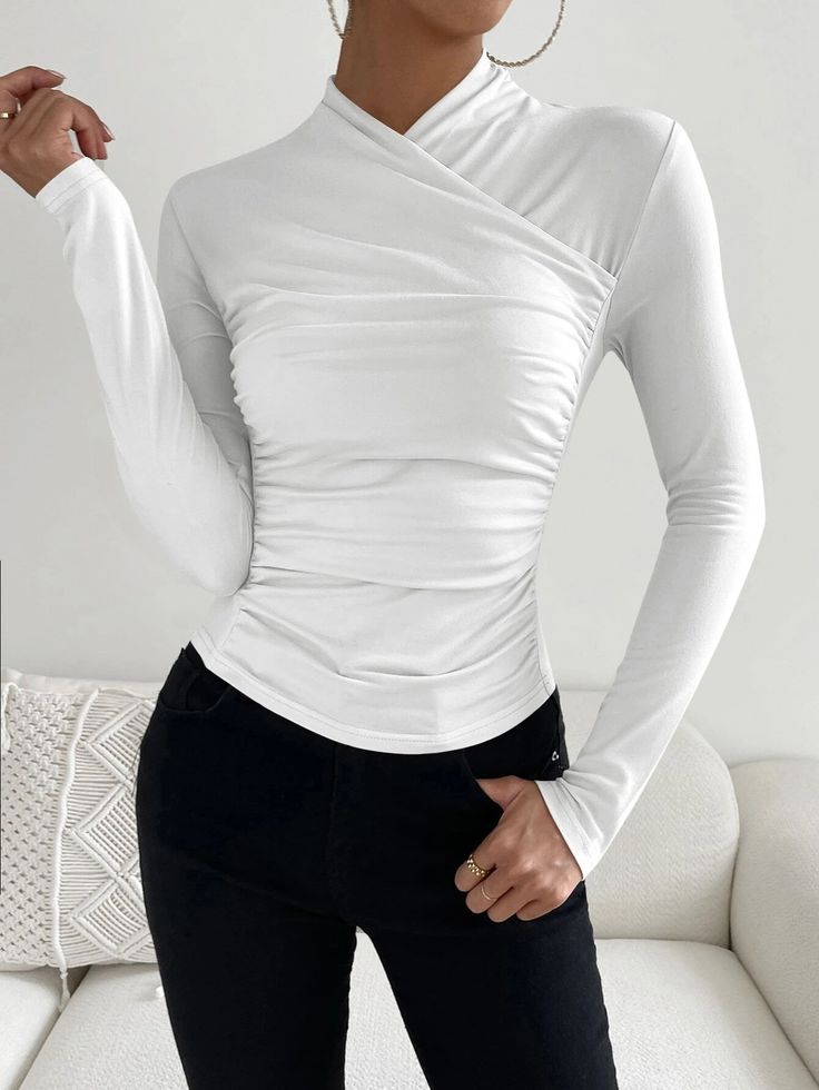 Sexy, langermede, ensfarget hvit topp