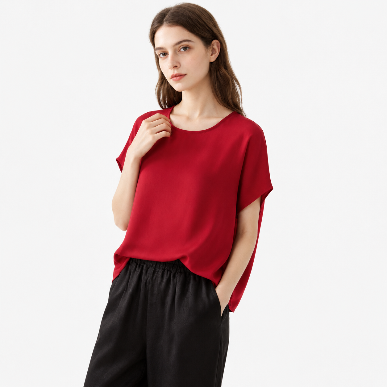 Plus Size Silketopp til Dame – Løs T-skjorte i Mulberry Silk Crepe De Chine – Hvit