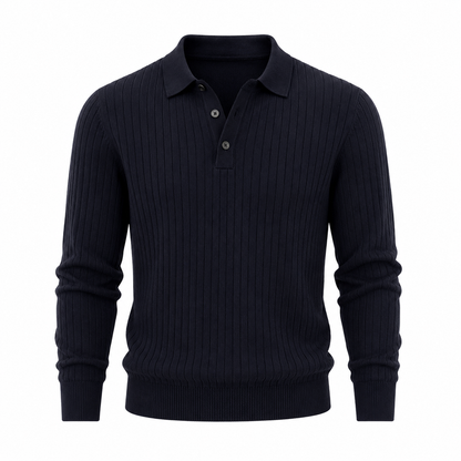 Stripet Polo Genser til Herre – Strikket Langermet Pullover med Slim Fit