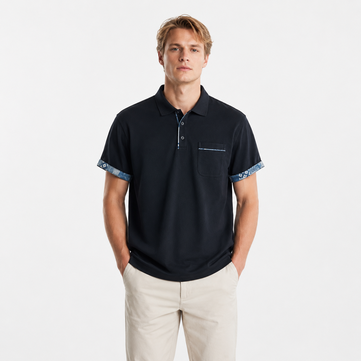 Vintage Polo til Herre – Kortermet Polo med Retro Mønster og Krage – Marine