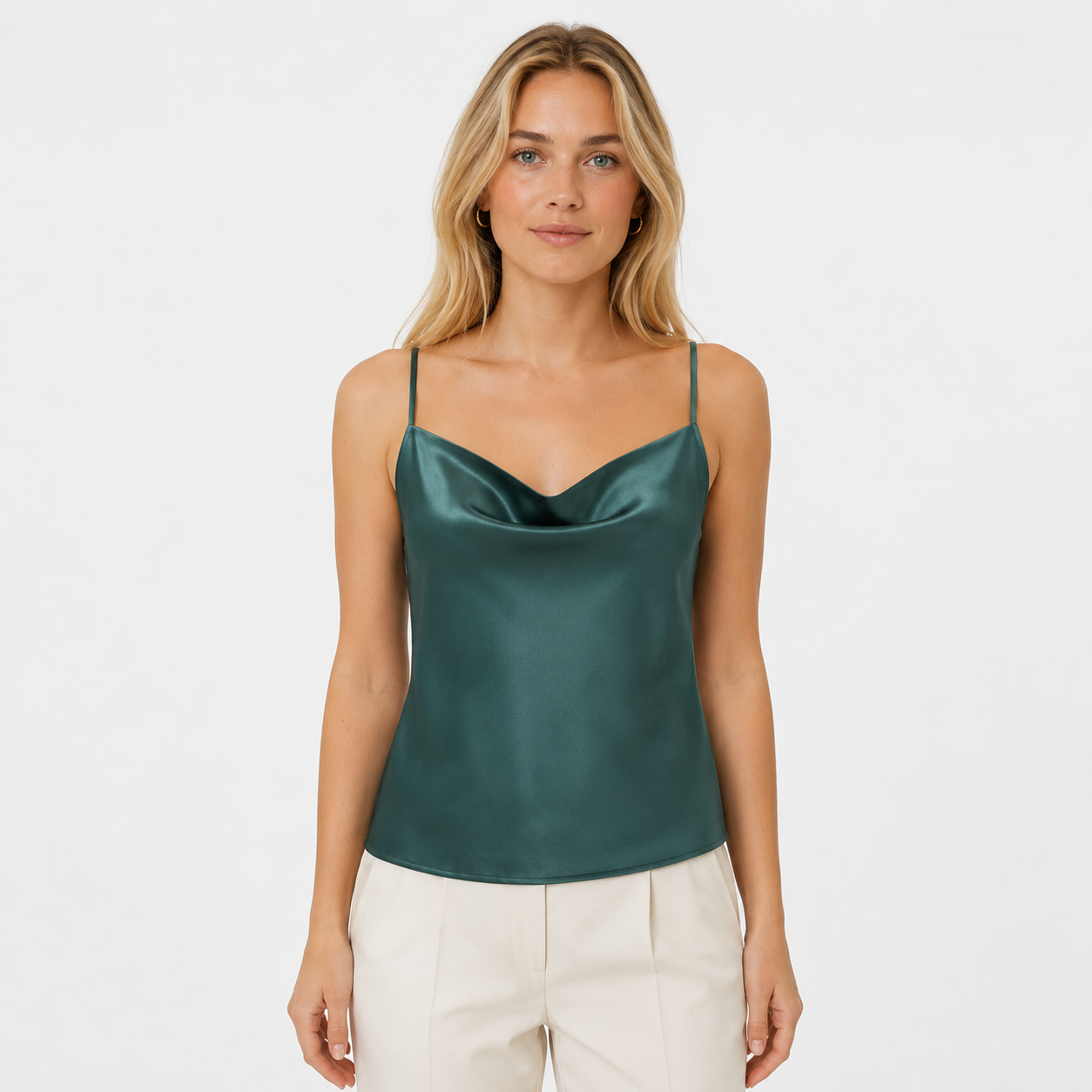 Hvit Satin Camitopp til Dame – Silkemyk Sommer Singlet med Stropper