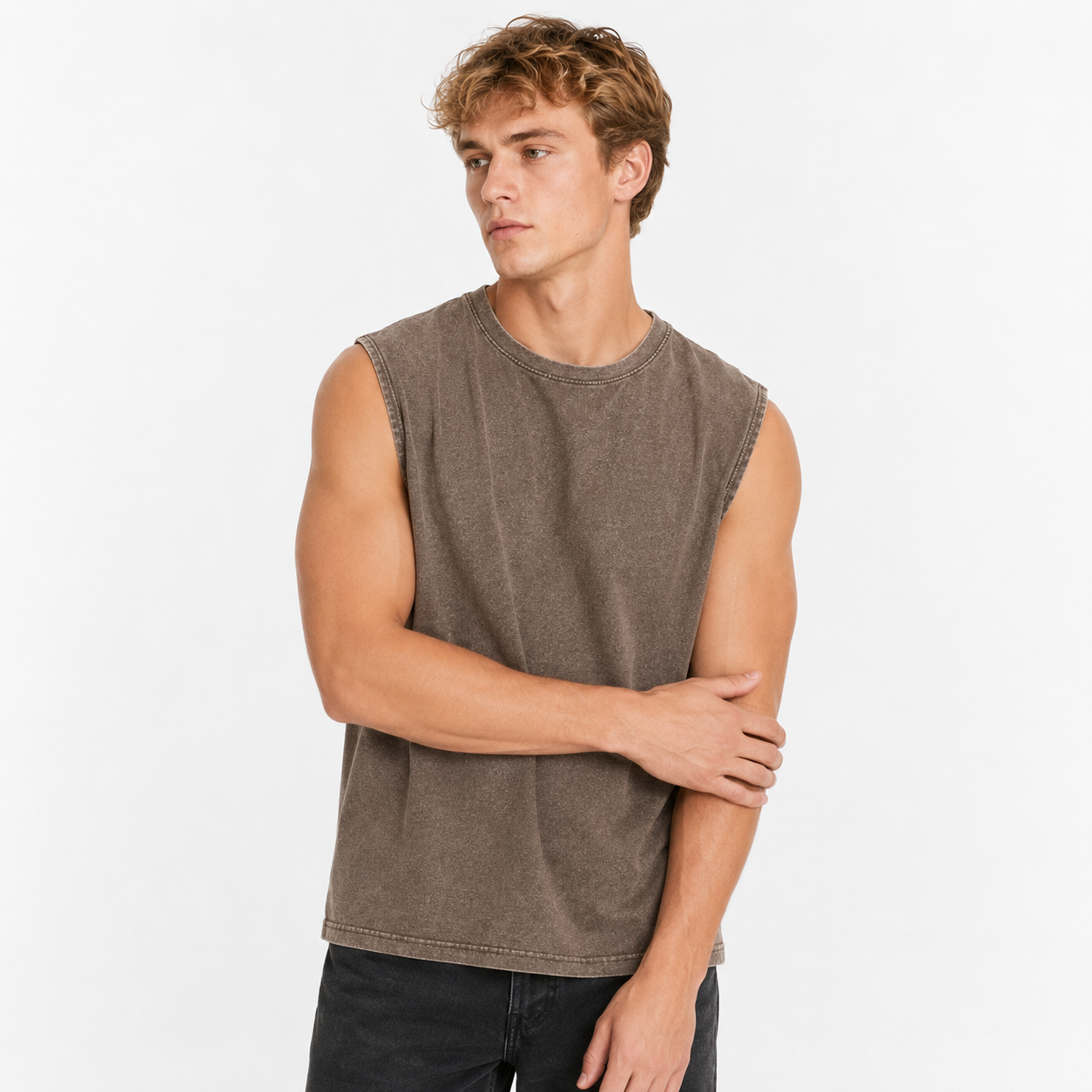 Vasket Bomulls Tank Top til Herre – Ermeløs Trenings- og Sommertopp