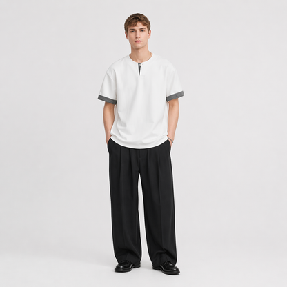 Kraftig Henley T-skjorte til Herre – 260g med Rutete Detaljer &amp; Løs Passform