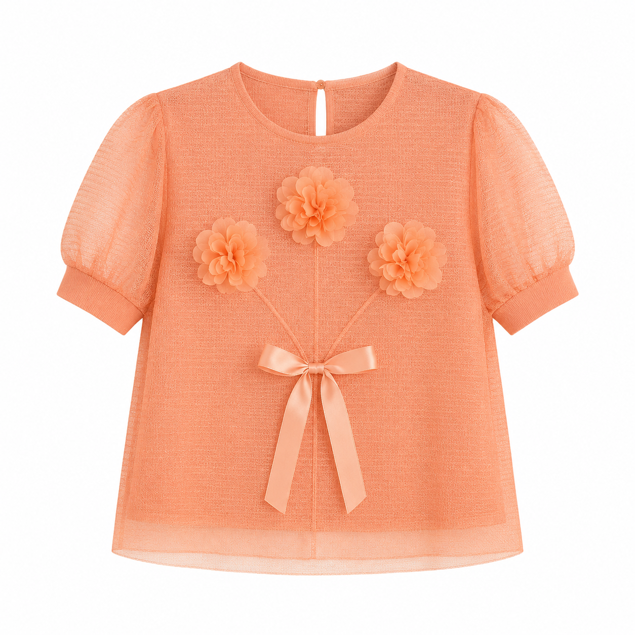 Plissert Topp til Dame med Organza Pufferm – Elegant 3D-Blomster Sommertopp