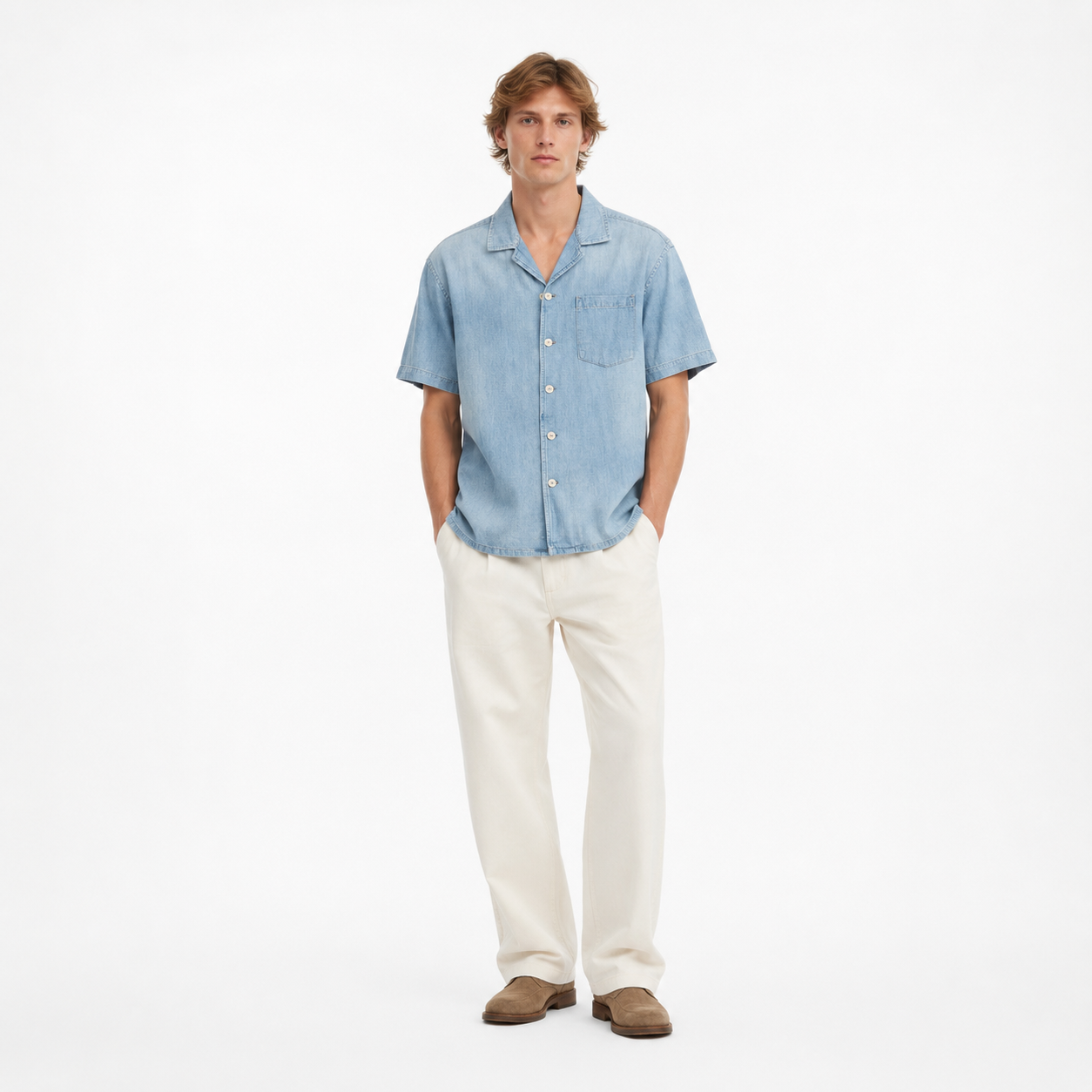 Denimskjorte med Cuban Collar til Herre – Bomull- og Hampblanding for Sommer – Vintage Lyseblå