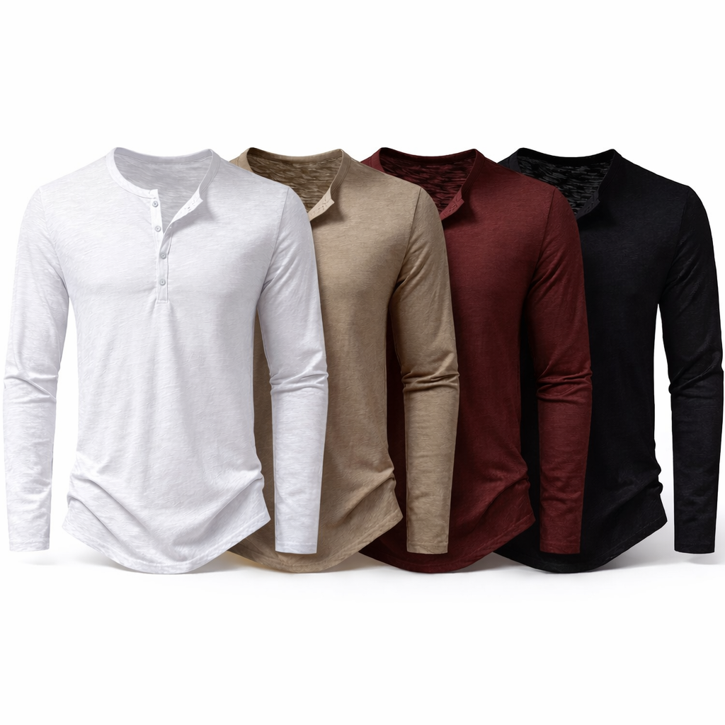 Herre Henley T-skjorte i Bomull – Langermet &amp; Pustende | Casual Basisgenser med Knapper Pakke