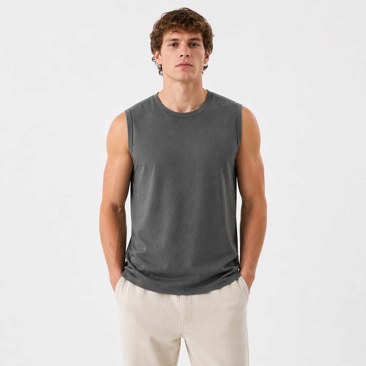 Ermeløs Topp til Herre – Faux Suede Singlet i Løs Vintage Stil