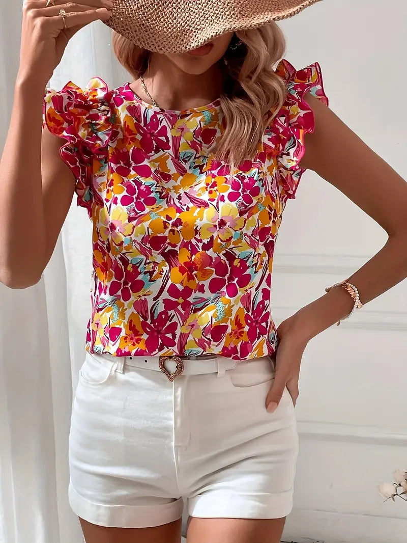 Elegant bluse med rund utringning, blomstermønster og volanger