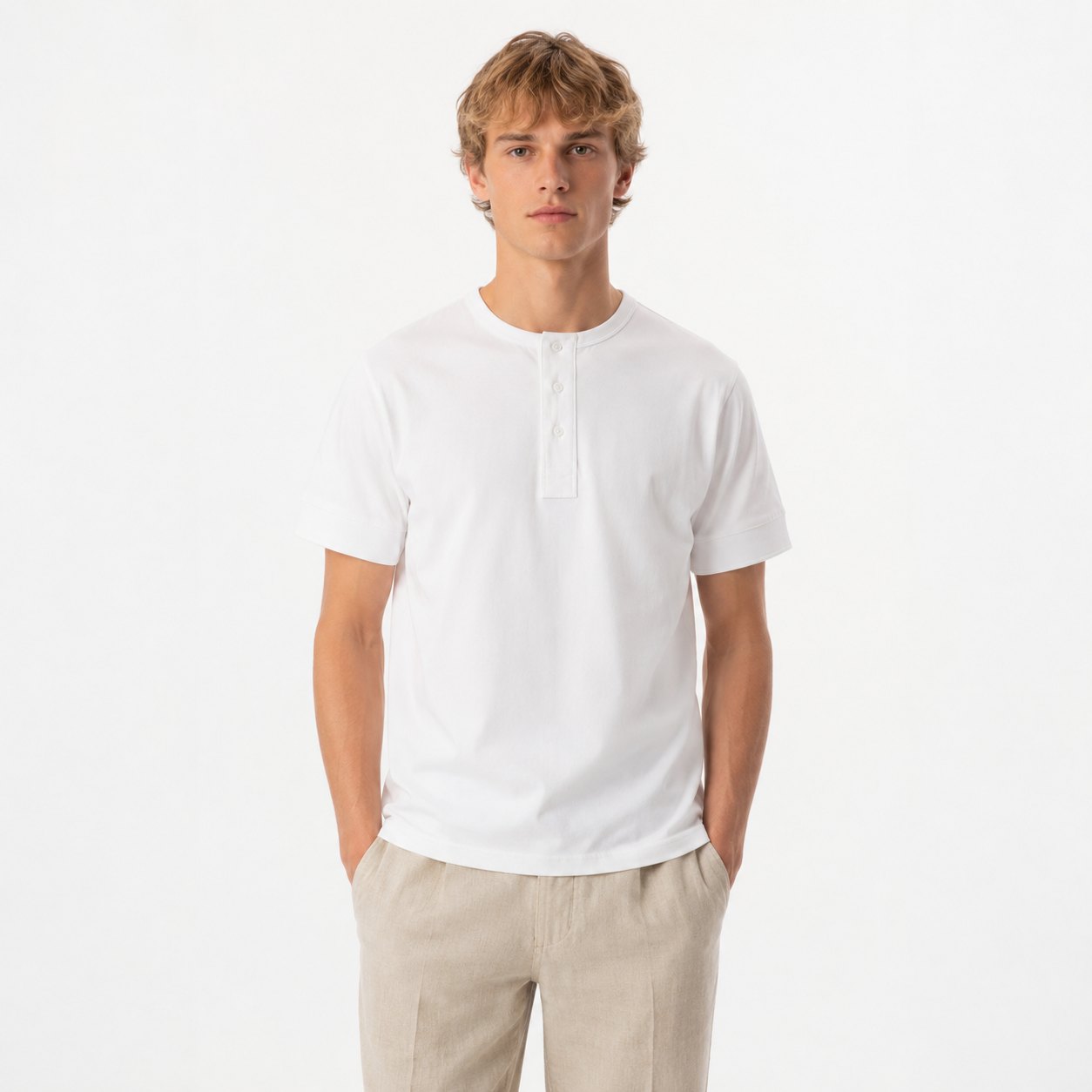 Retro Henley T-skjorte til Herre – Vasket Bomull med Amerikansk Vintage Stil – Hvit