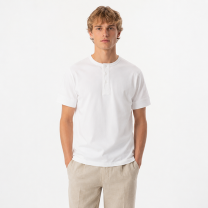 Retro Henley T-skjorte til Herre – Vasket Bomull med Amerikansk Vintage Stil – Hvit