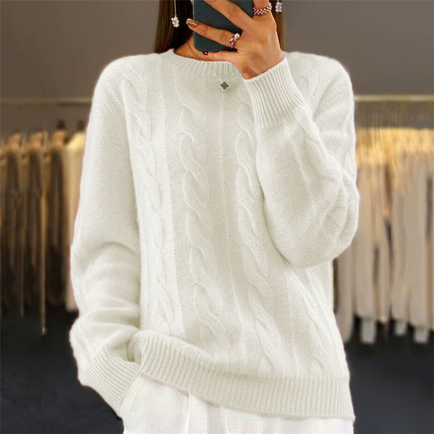 Strikkegenser dame kabelstrikk offwhite