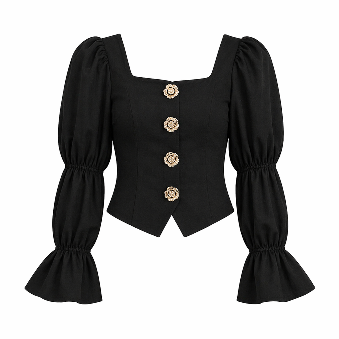 Elegant Bluse til Dame – Firkantet Hals, Puffermet &amp; Gullknapper