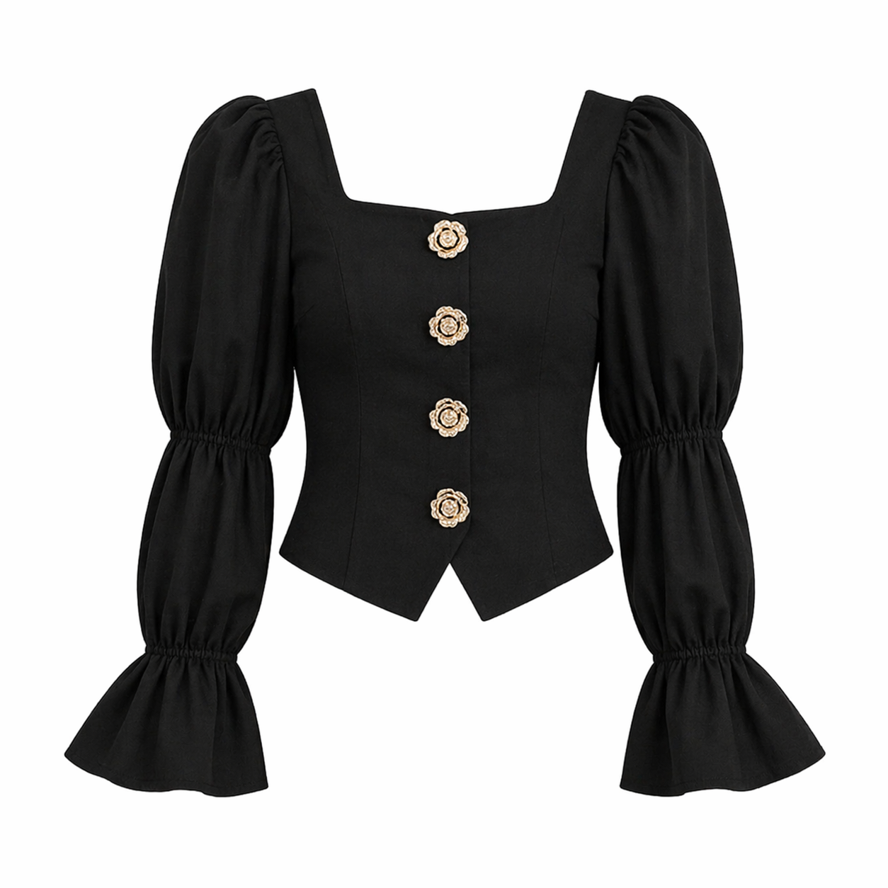Elegant Bluse til Dame – Firkantet Hals, Puffermet &amp; Gullknapper