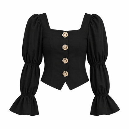 Elegant Bluse til Dame – Firkantet Hals, Puffermet &amp; Gullknapper