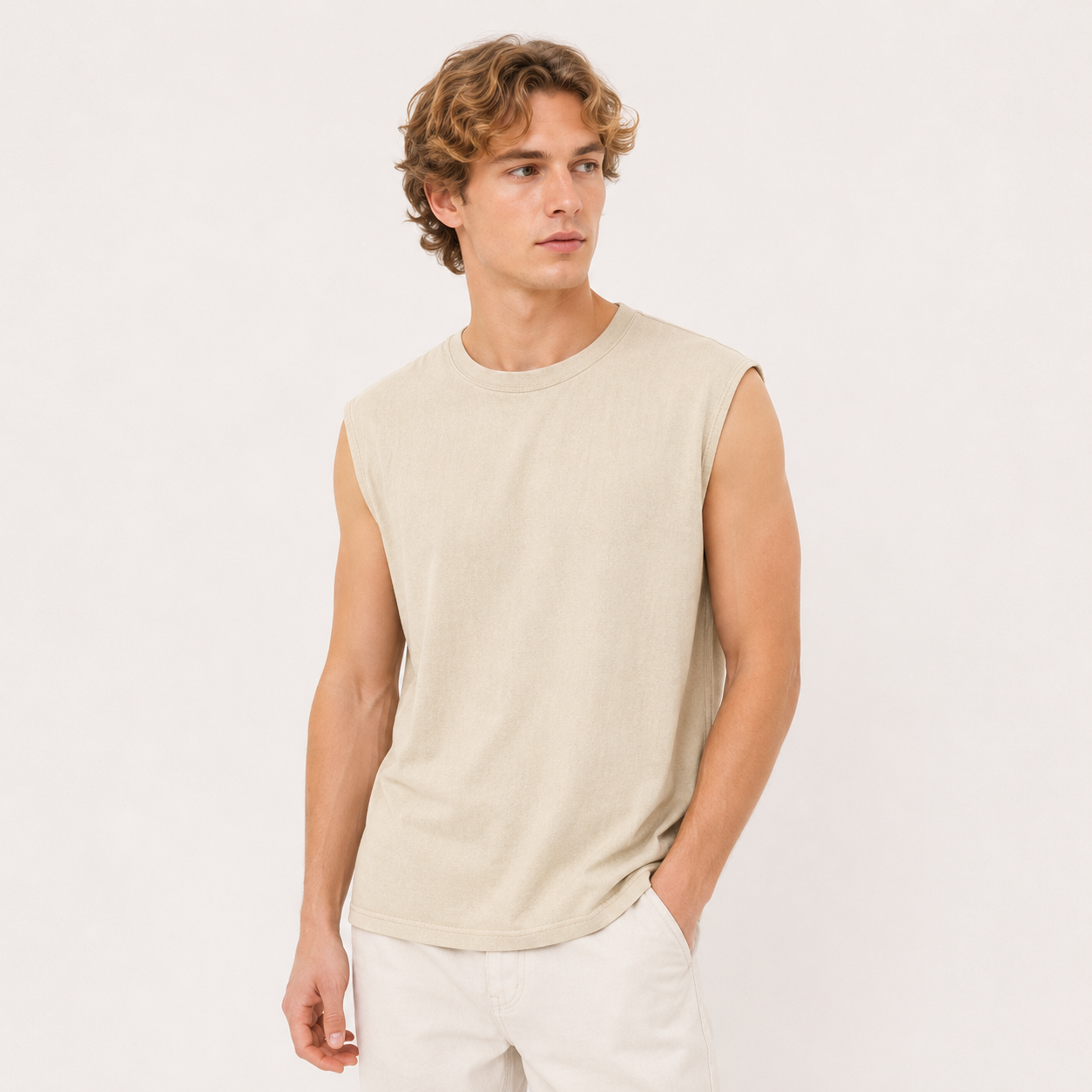Vasket Bomulls Tank Top til Herre – Ermeløs Trenings- og Sommertopp