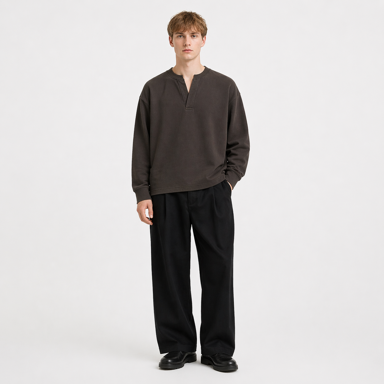Langermet Henley T-skjorte til Herre – Fake Two-Piece &amp; Japansk Minimalistisk Stil