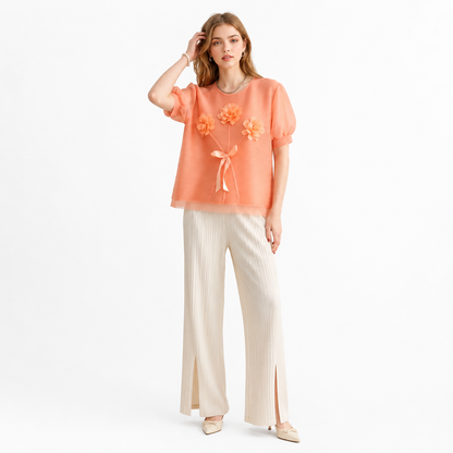 Plissert Topp til Dame med Organza Pufferm – Elegant 3D-Blomster Sommertopp