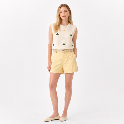 Ermeløs Topp til Dame – 3D Blomsterbroderi &amp; Retro Stil – Aprikos