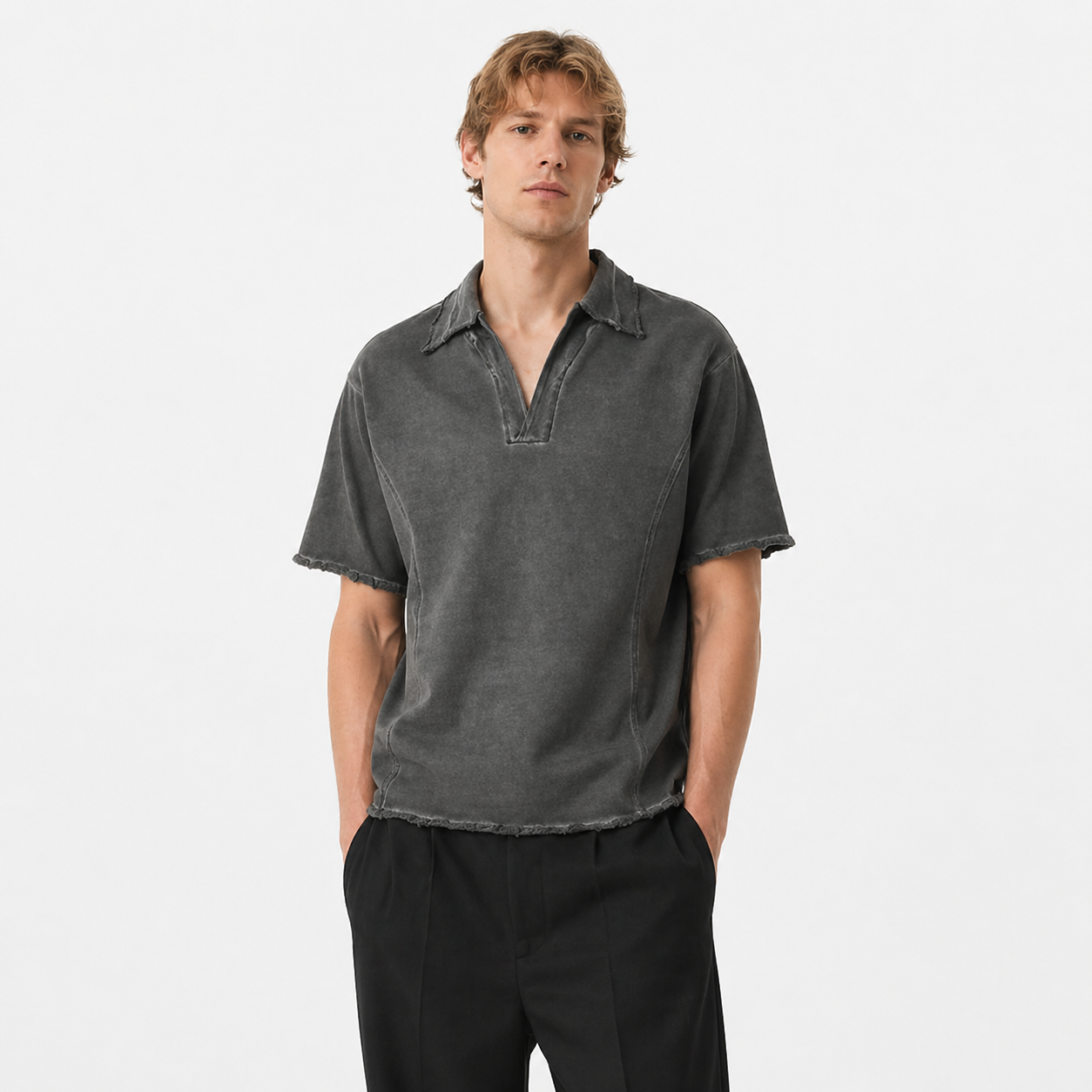 Retro Polo T-skjorte til Herre – Distressed Safari Stil &amp; Løs Passform – Grå