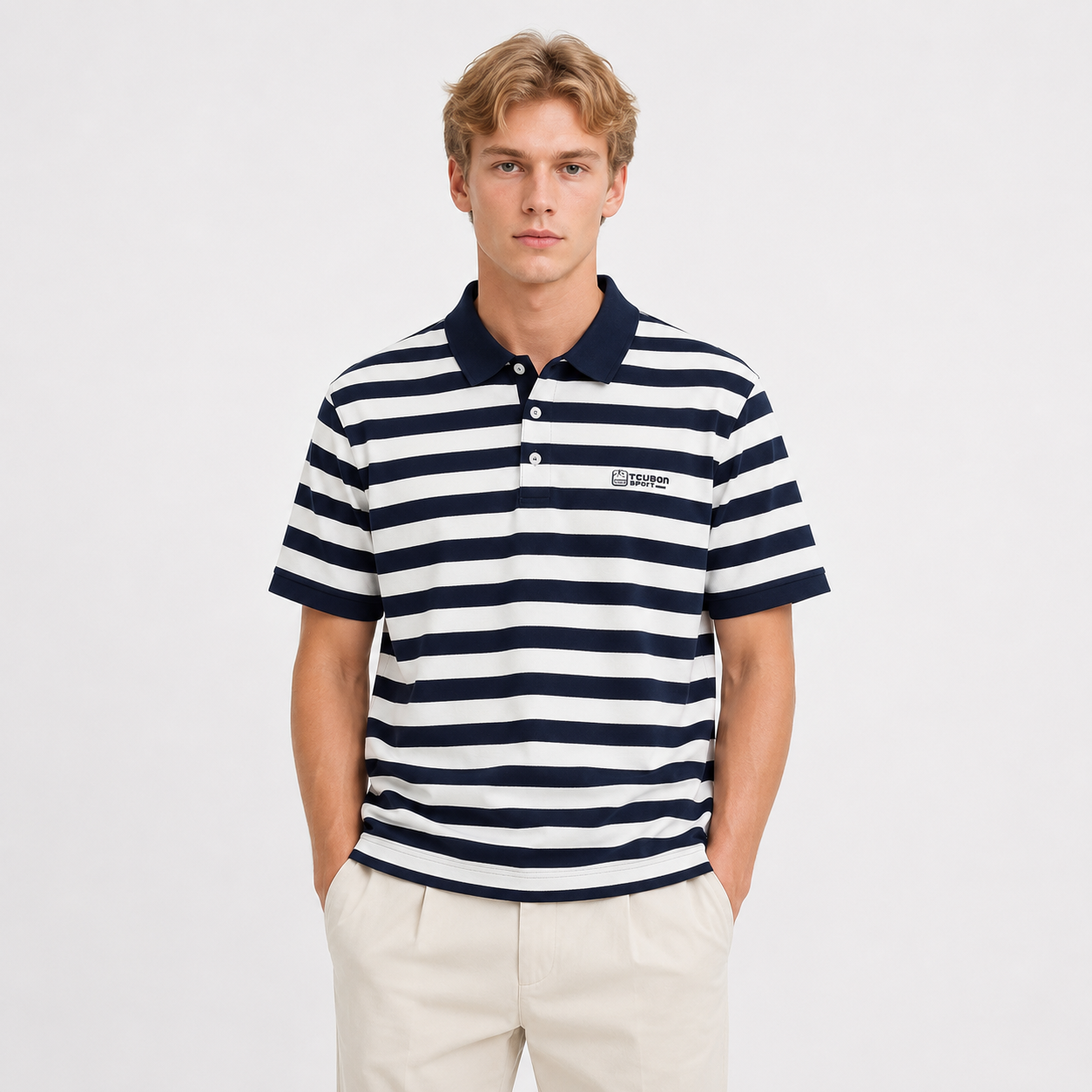 Stripet Polo til Herre – Kortermet Business Casual Pikéskjorte – Marineblå