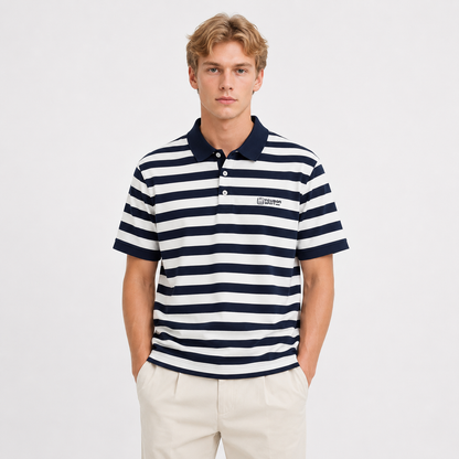 Stripet Polo til Herre – Kortermet Business Casual Pikéskjorte – Marineblå