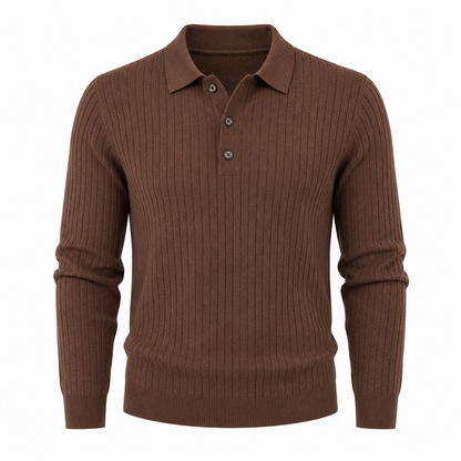 Stripet Polo Genser til Herre – Strikket Langermet Pullover med Slim Fit
