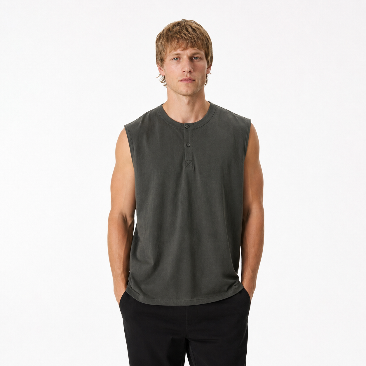 Ermeløs Henley T-skjorte til Herre – 100% Bomull Oversized Singlet – Grå