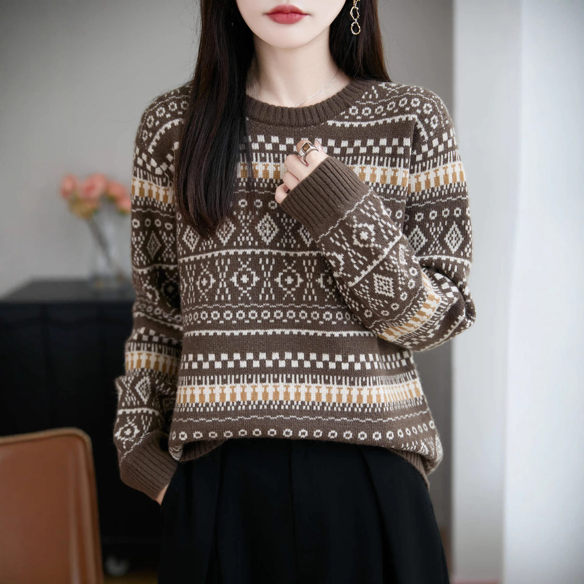 Fair Isle strikkegenser dame brun