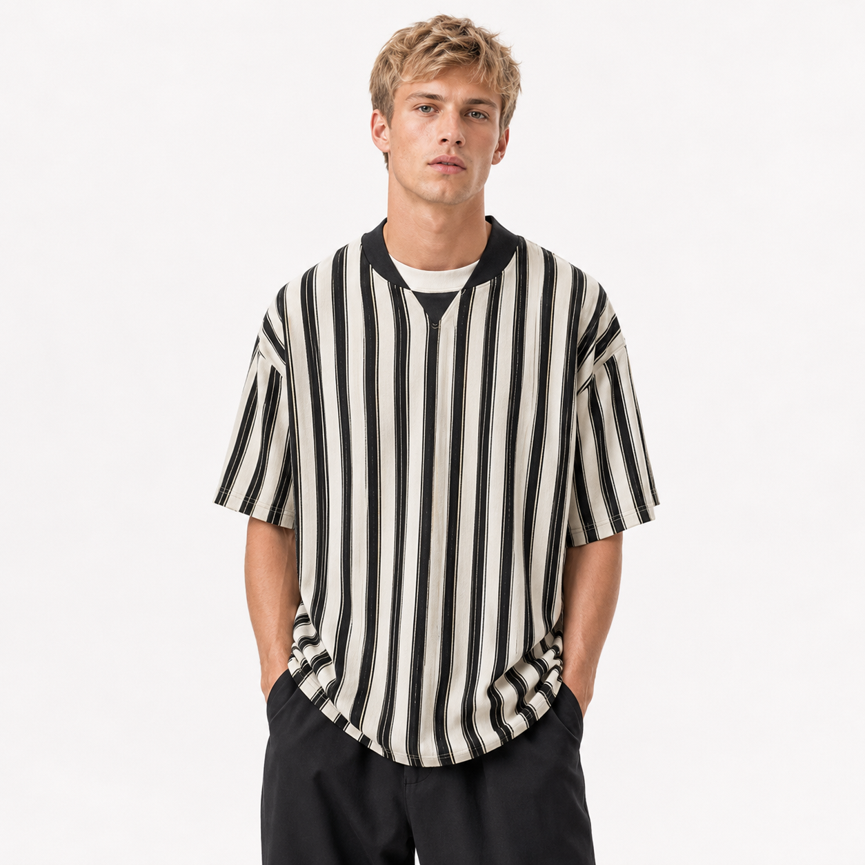 T-skjorte til Herre – Baseballkrage med Stripet Design – Beige